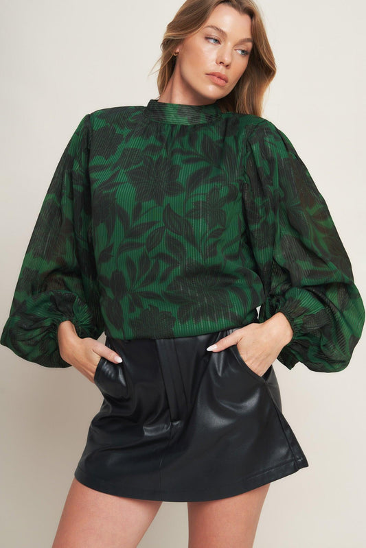 Noir Leaf Green Woven Top in black, view 5 — Soul Flow Apparel