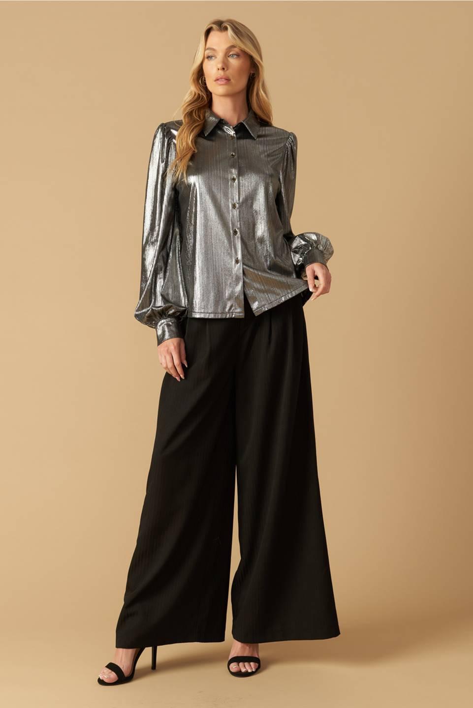 Flirty Vibes Foil Coated Top in silver, view 1 — Soul Flow Apparel