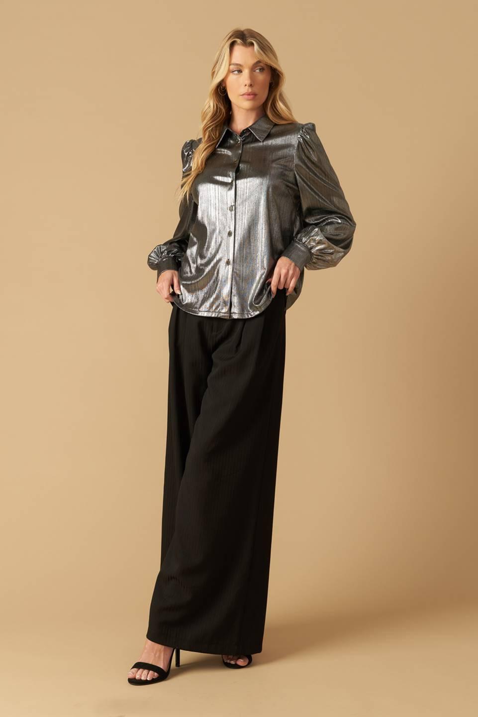 Flirty Vibes Foil Coated Top in silver, view 2 — Soul Flow Apparel