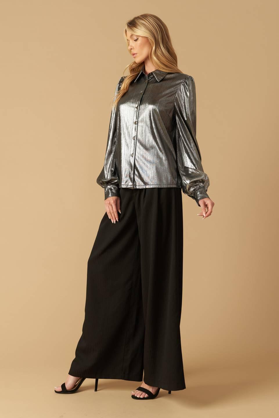 Flirty Vibes Foil Coated Top in silver, view 3 — Soul Flow Apparel