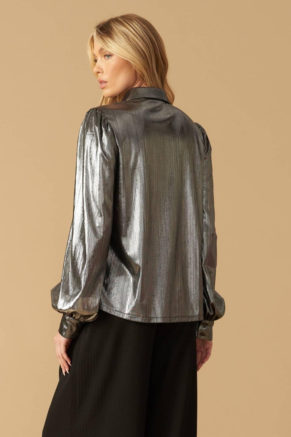 Flirty Vibes Foil Coated Top in silver, view 4 — Soul Flow Apparel