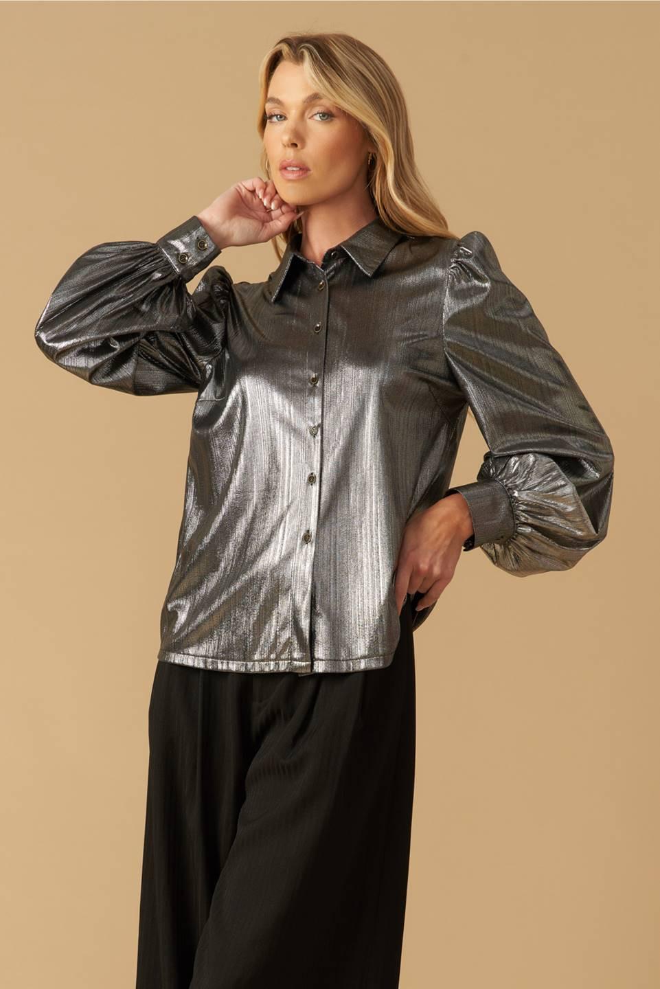 Flirty Vibes Foil Coated Top in silver, view 5 — Soul Flow Apparel