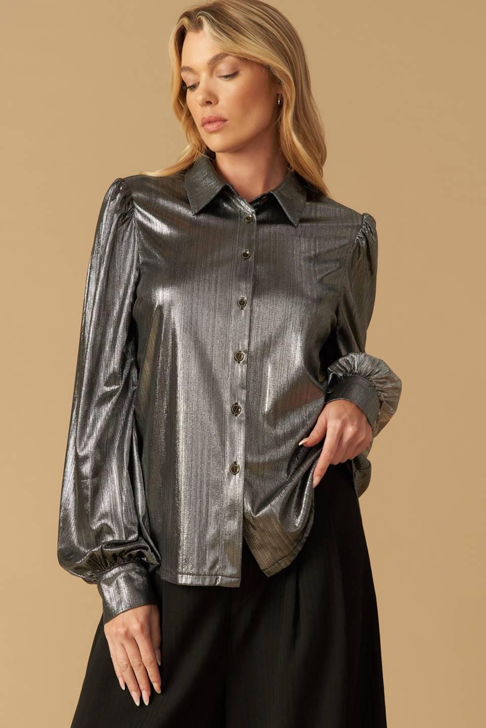 Flirty Vibes Foil Coated Top in silver, view 6 — Soul Flow Apparel