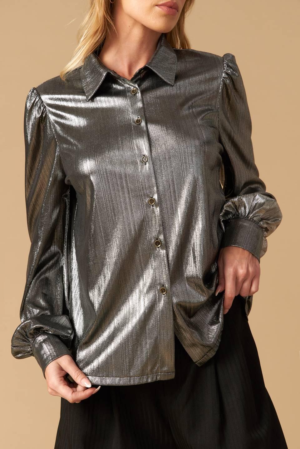 Flirty Vibes Foil Coated Top in silver, view 7 — Soul Flow Apparel
