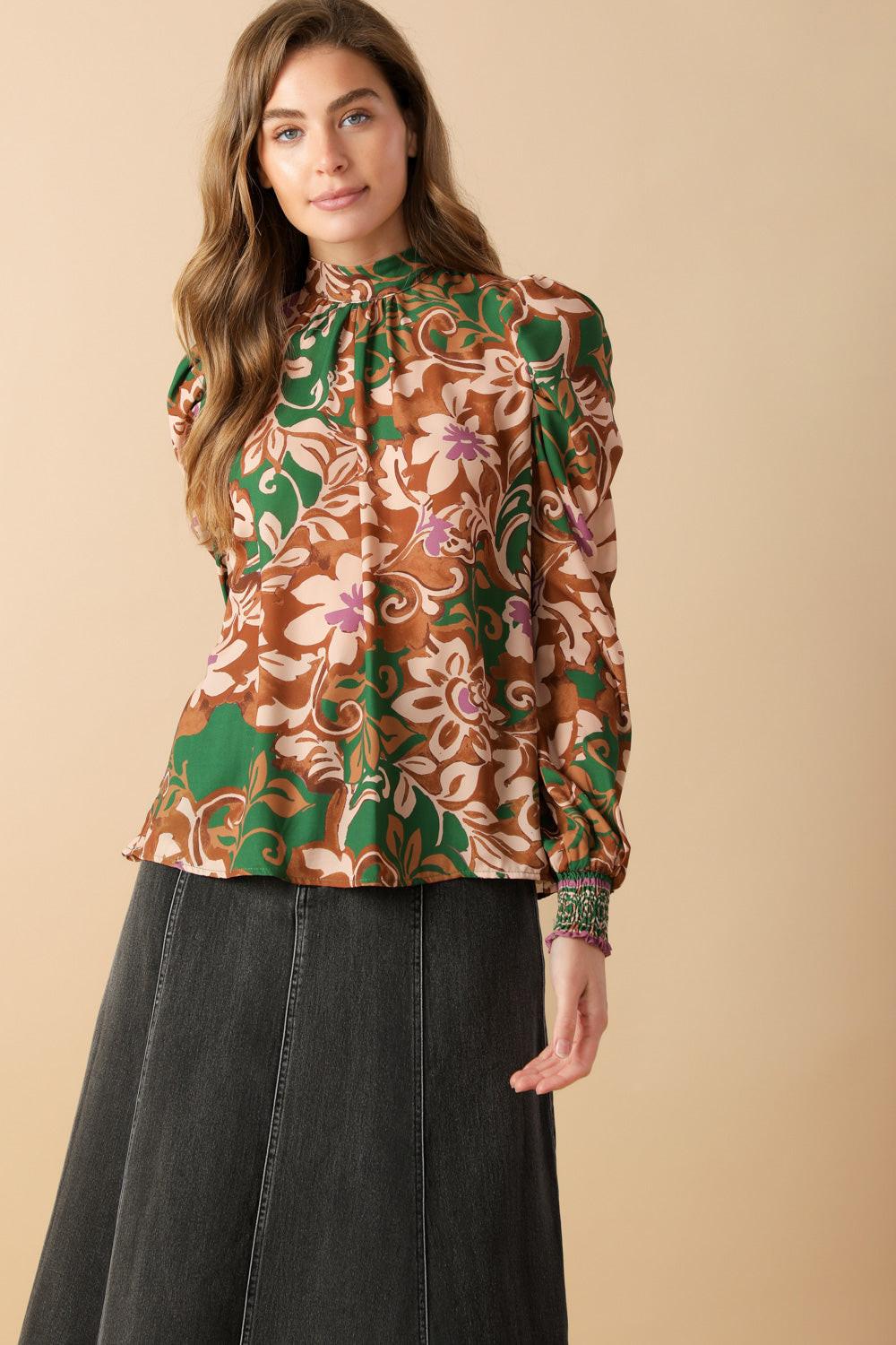 Brewed Bliss Woven Top in green rust, view 1 — Soul Flow Apparel