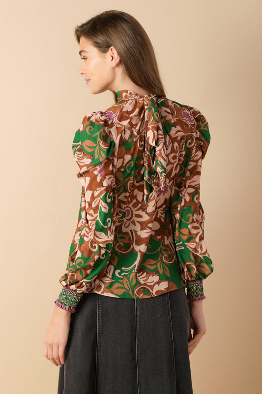Brewed Bliss Woven Top in green rust, view 2 — Soul Flow Apparel