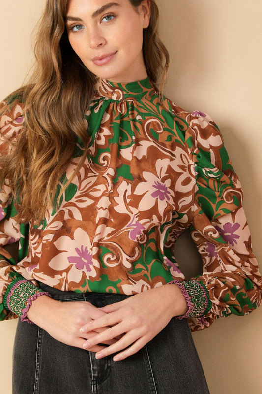 Brewed Bliss Woven Top in green rust, view 6 — Soul Flow Apparel