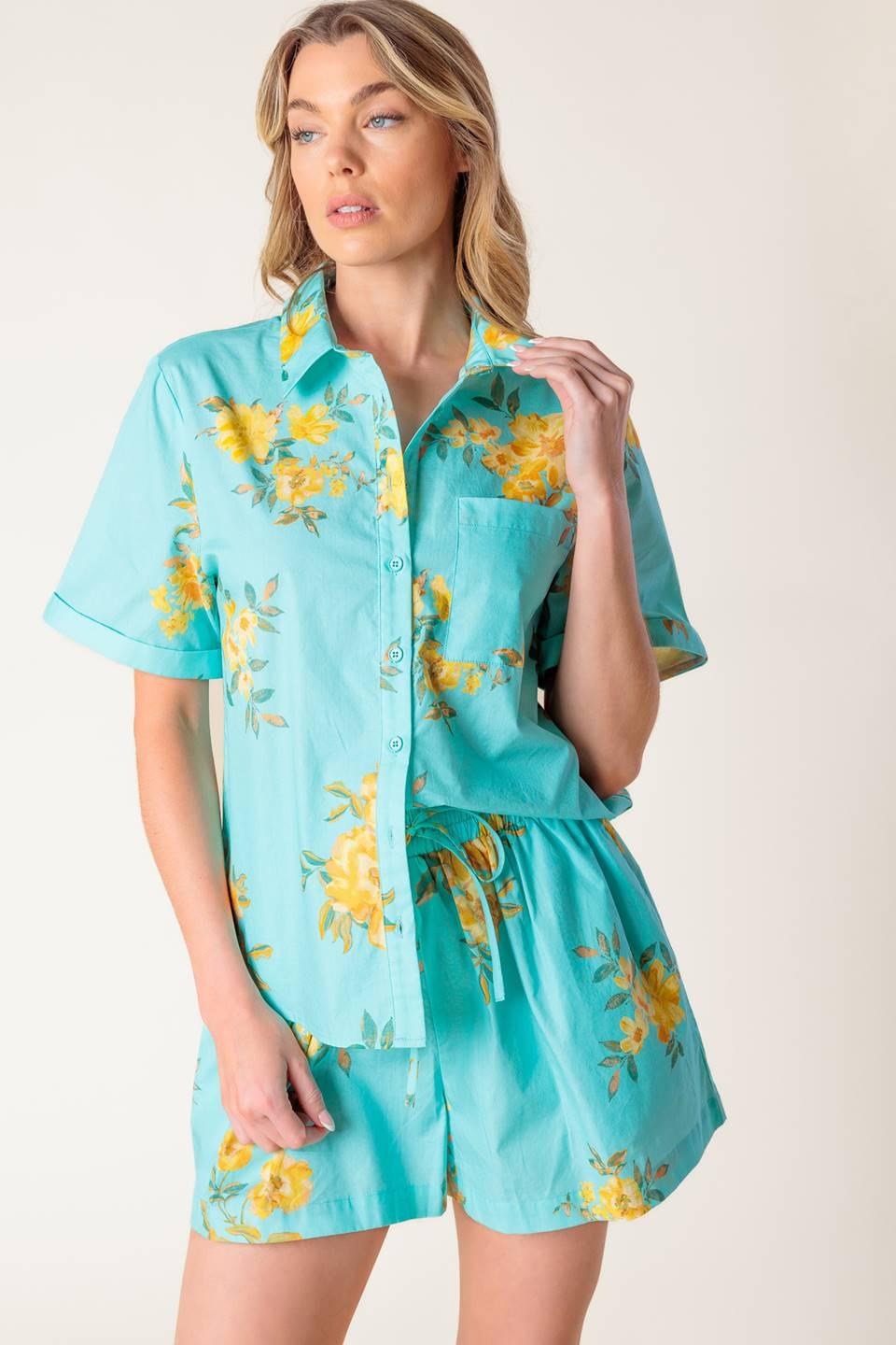 Treasured Times Woven Top and Short Set in turquoise, view 2 — Soul Flow Apparel