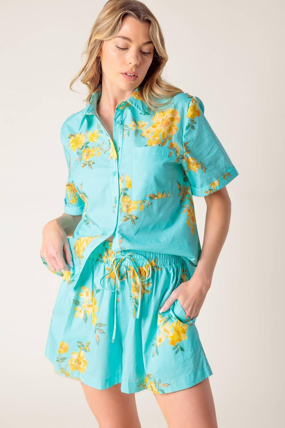 Treasured Times Woven Top and Short Set in turquoise, view 3 — Soul Flow Apparel