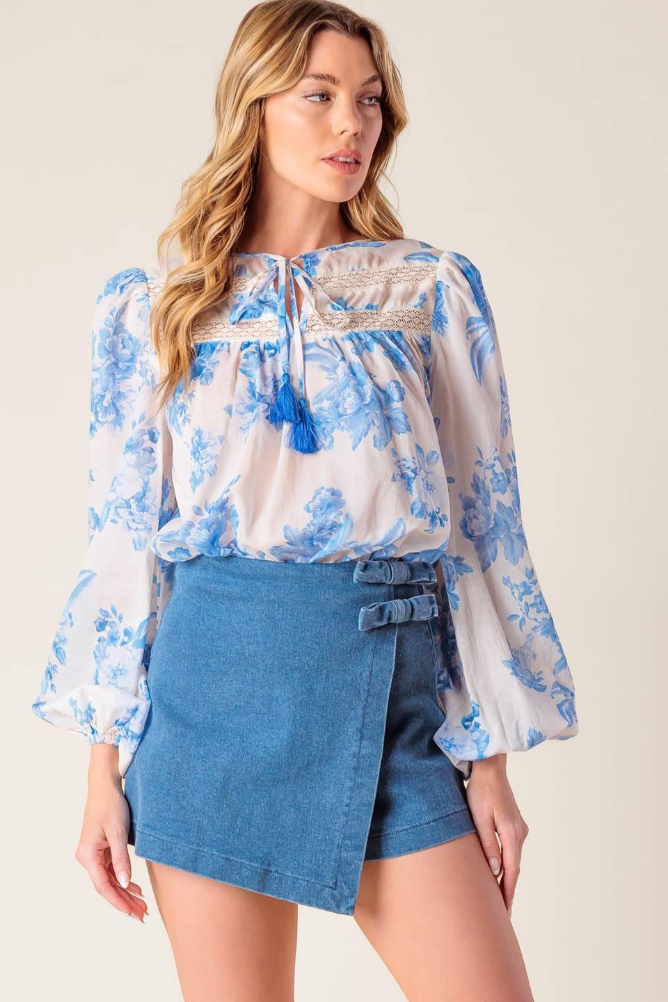 Lagoon Daydreams Woven Top in ivory blue, view 1 — Soul Flow Apparel