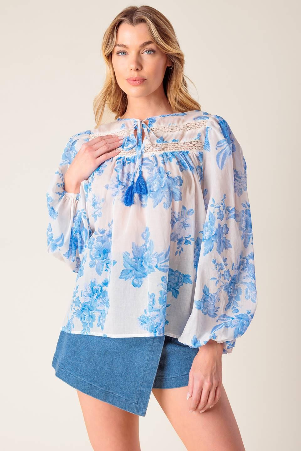 Lagoon Daydreams Woven Top in ivory blue, view 6 — Soul Flow Apparel