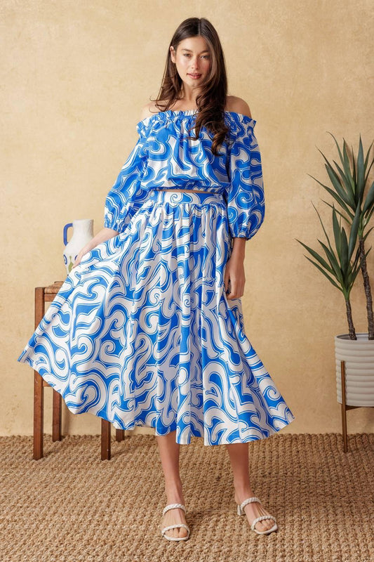 Sunset Sashay Blue Top and Skirt Set in white, view 3 — Soul Flow Apparel