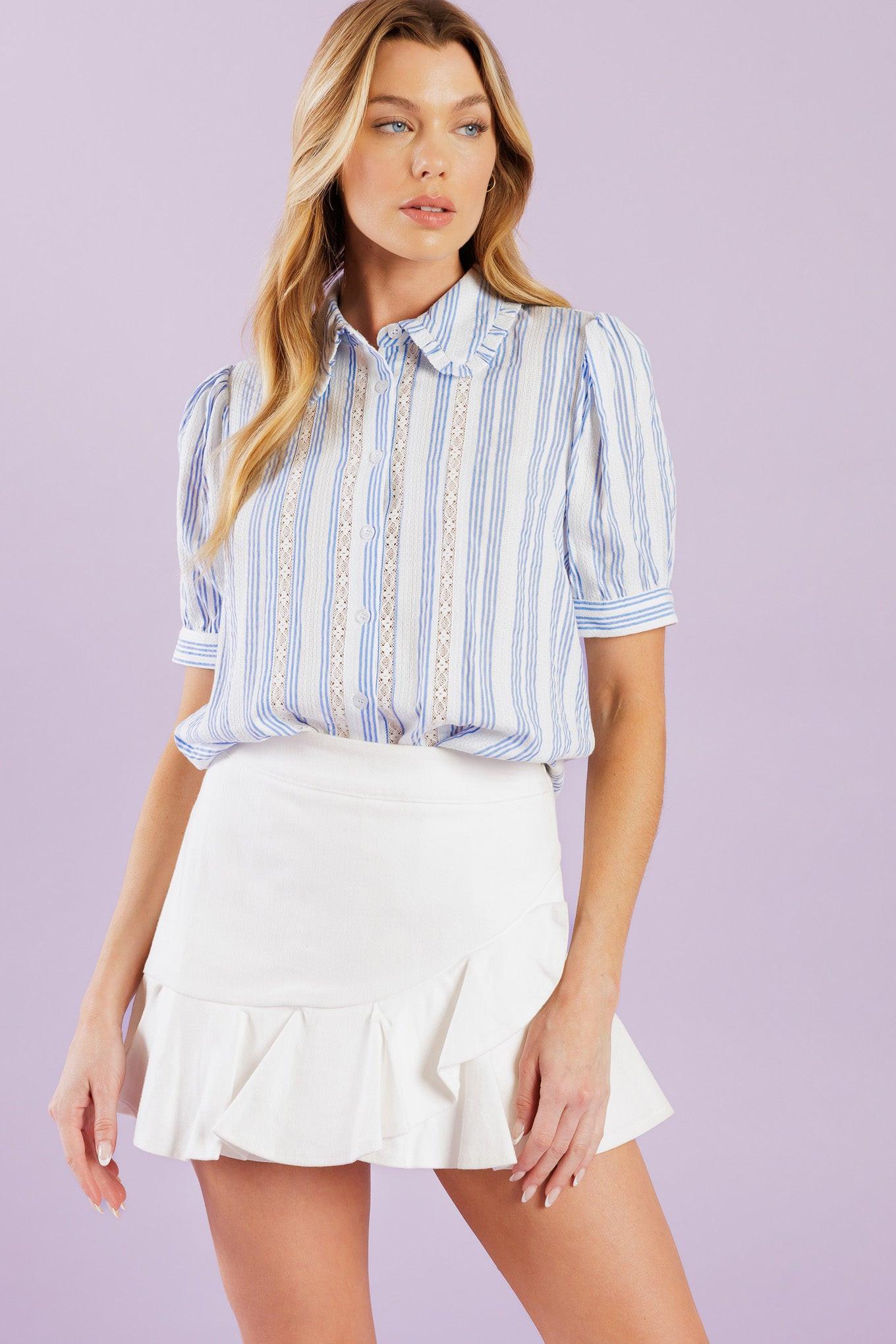 Love Letters Woven Top in white blue, view 3 — Soul Flow Apparel