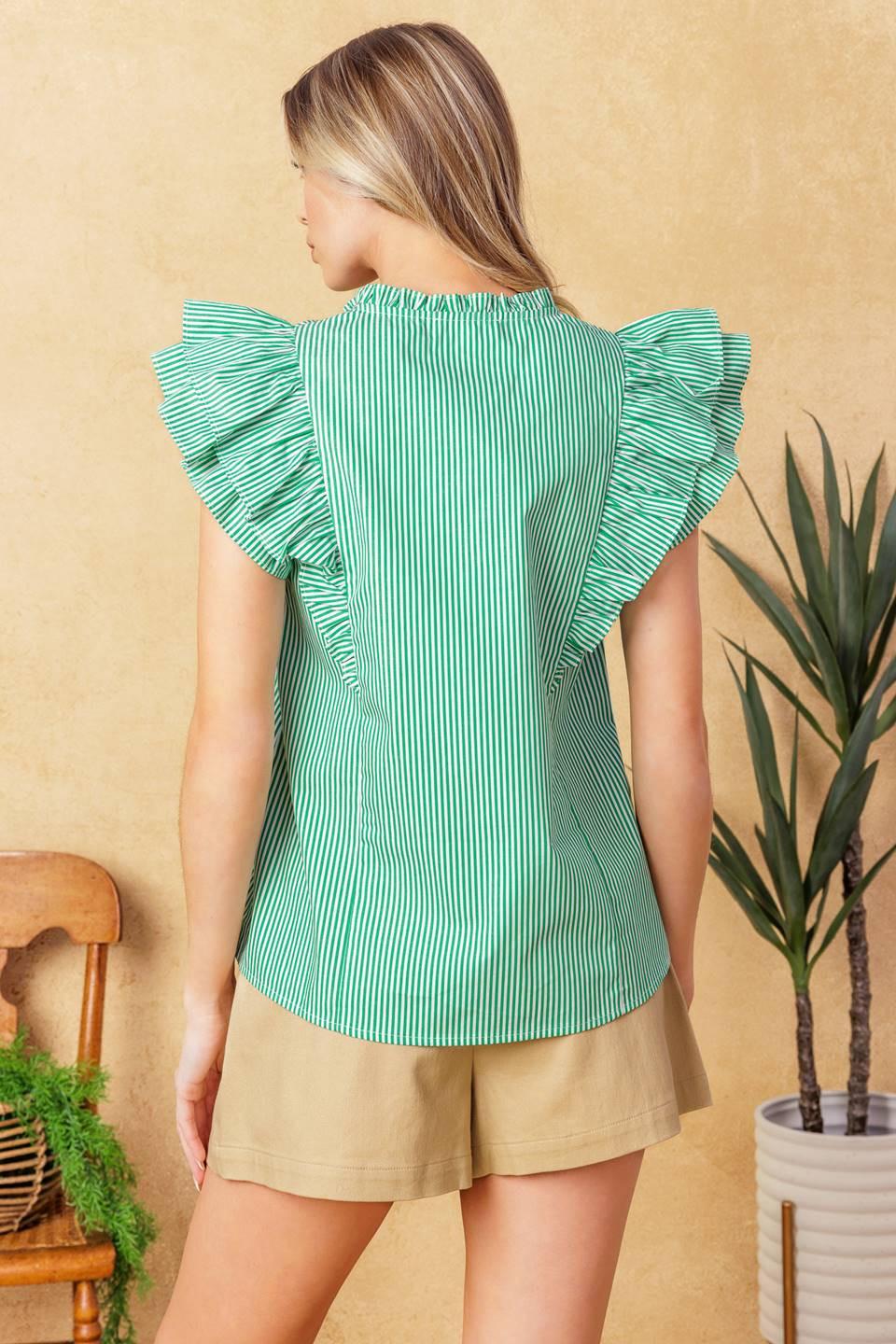 Riviera Retreat Woven Top in green white, view 3 — Soul Flow Apparel