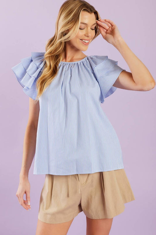 Need You More Woven Top in blue white, view 1 — Soul Flow Apparel