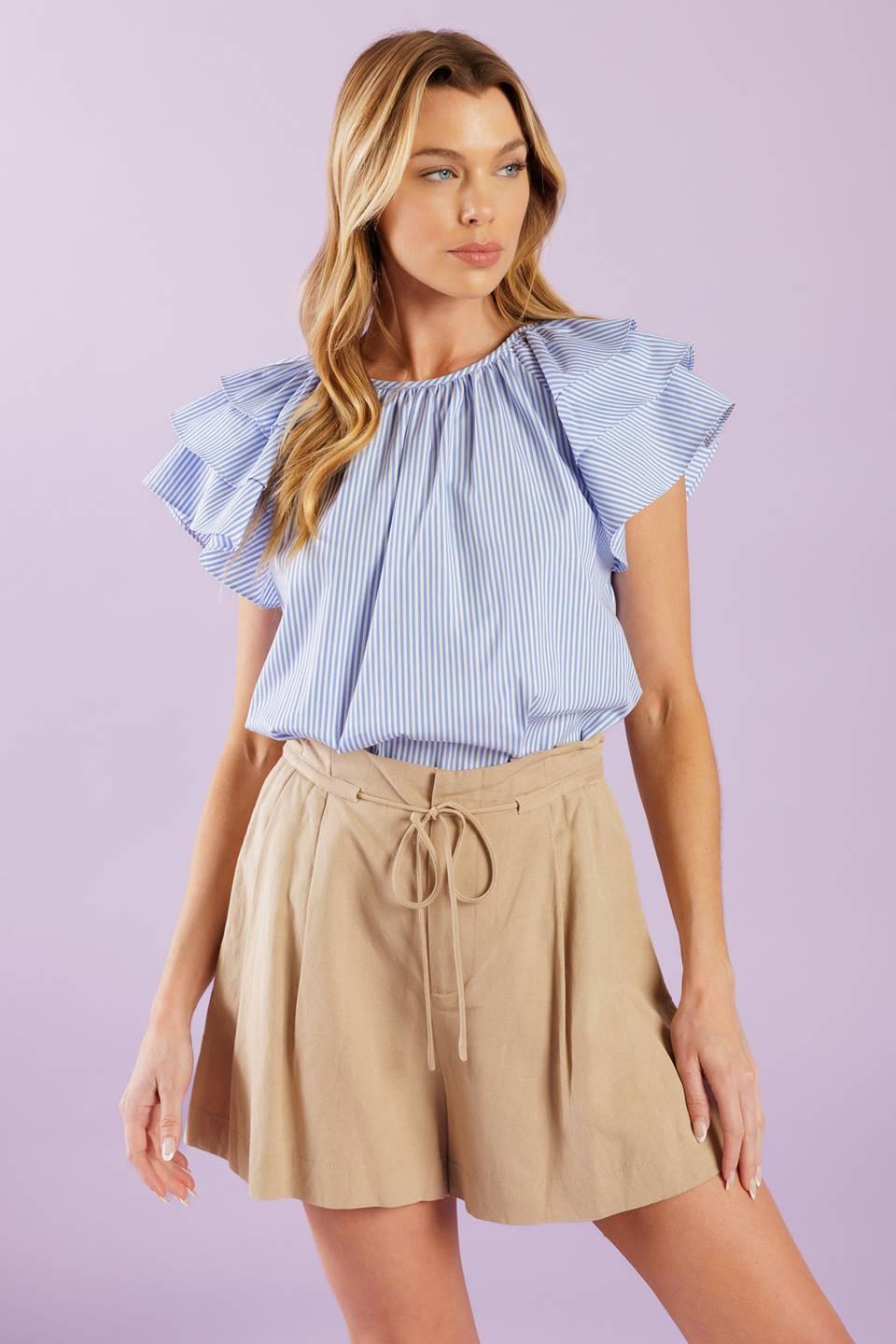 Need You More Woven Top in blue white, view 5 — Soul Flow Apparel