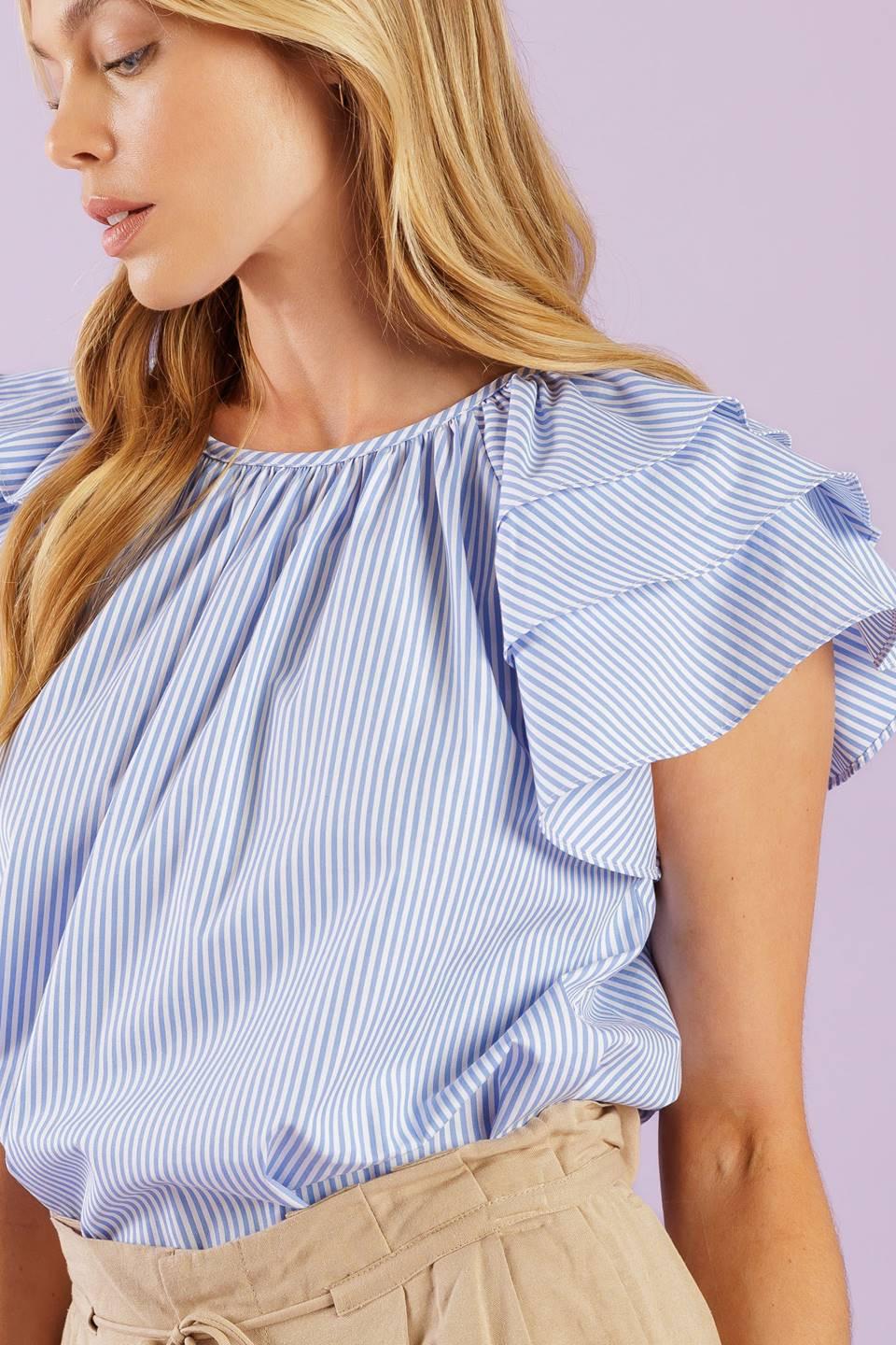 Need You More Woven Top in blue white, view 6 — Soul Flow Apparel