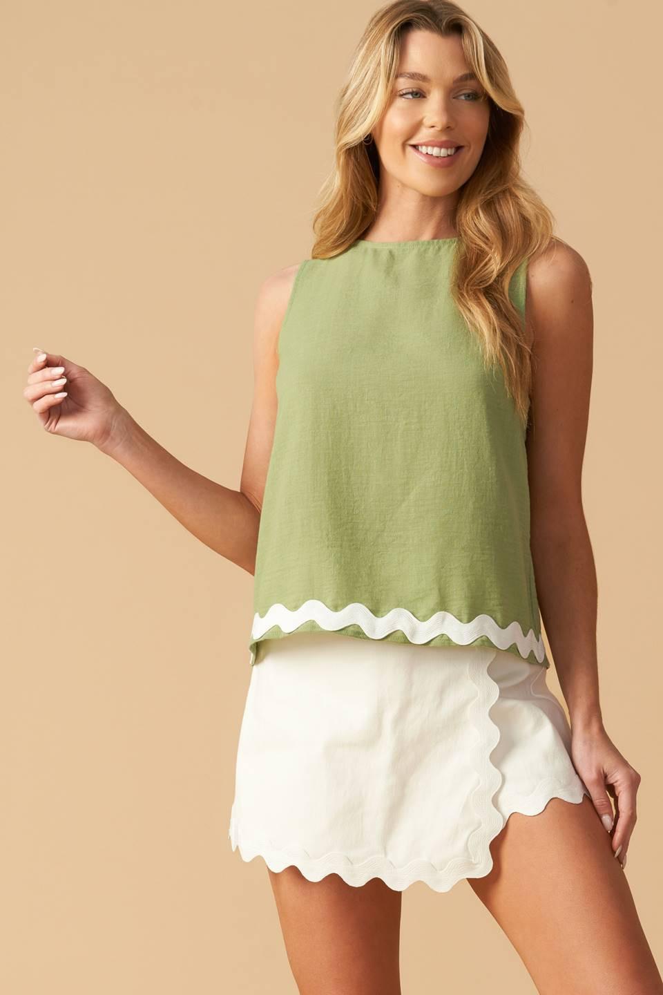 Drifting Currents Woven Top in sage, view 3 — Soul Flow Apparel
