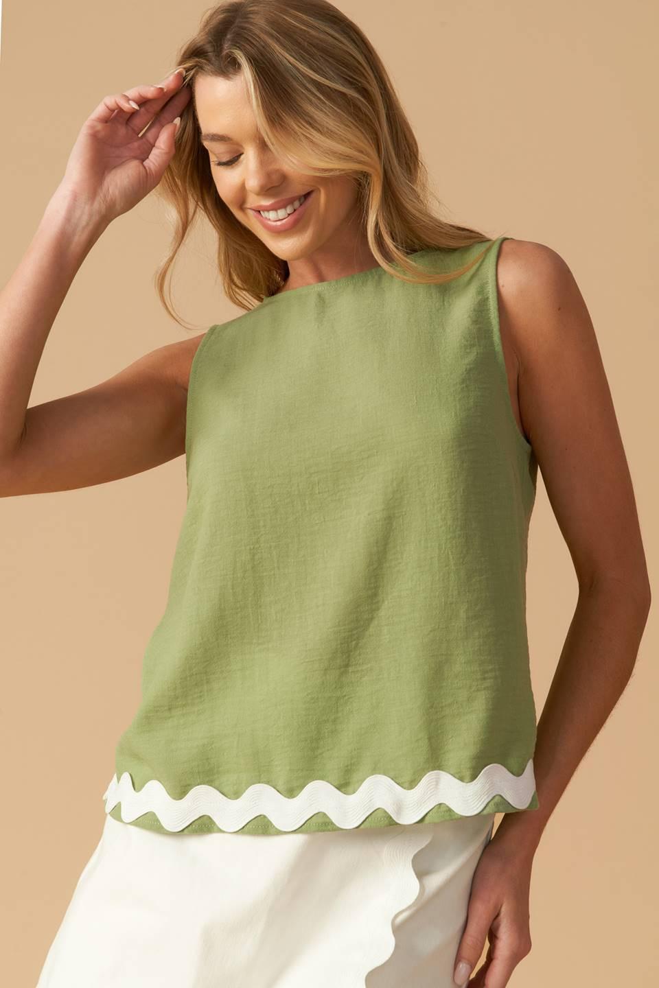 Drifting Currents Woven Top in sage, view 6 — Soul Flow Apparel