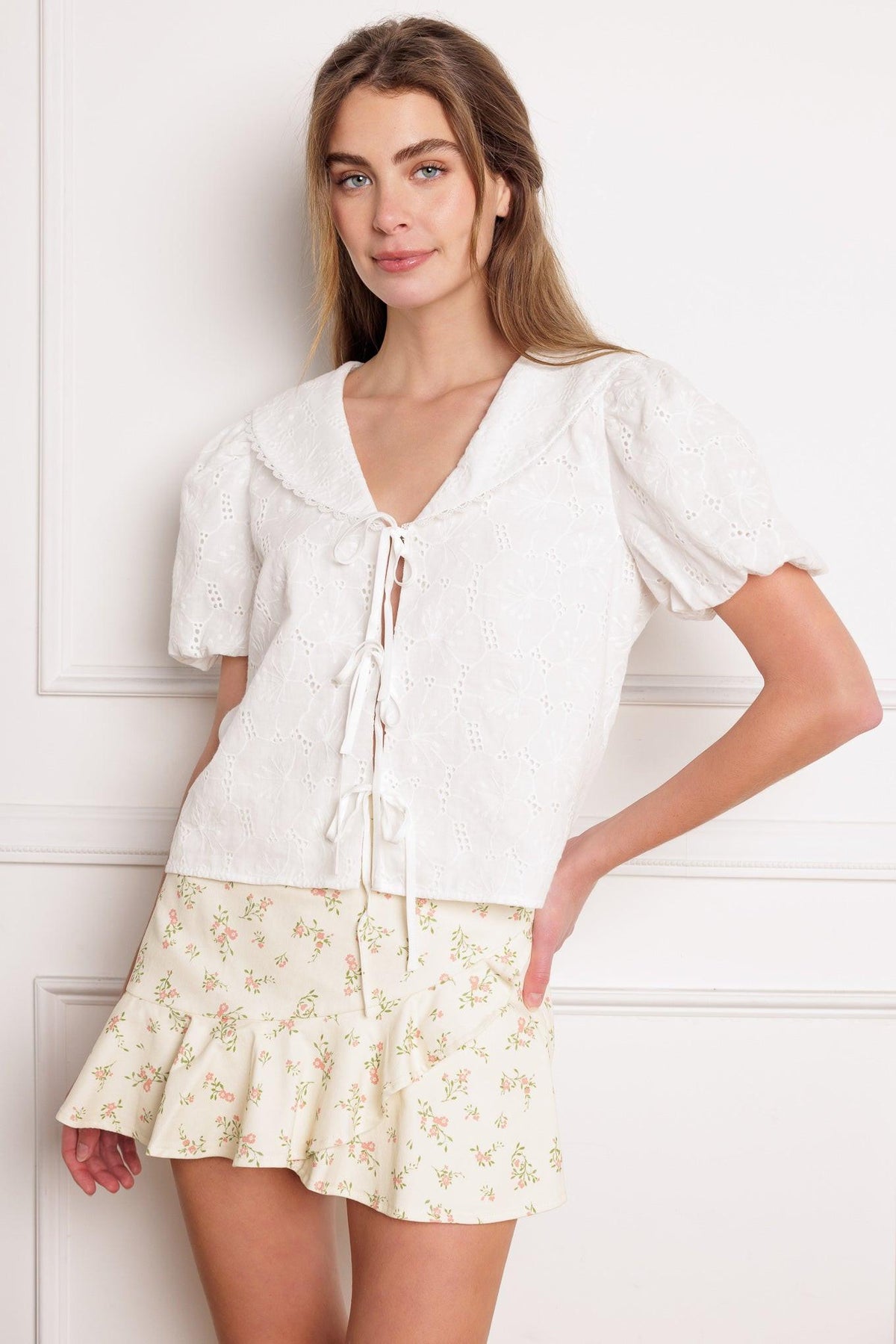 What Will Be Eyelet Woven Top in white, view 1 — Soul Flow Apparel
