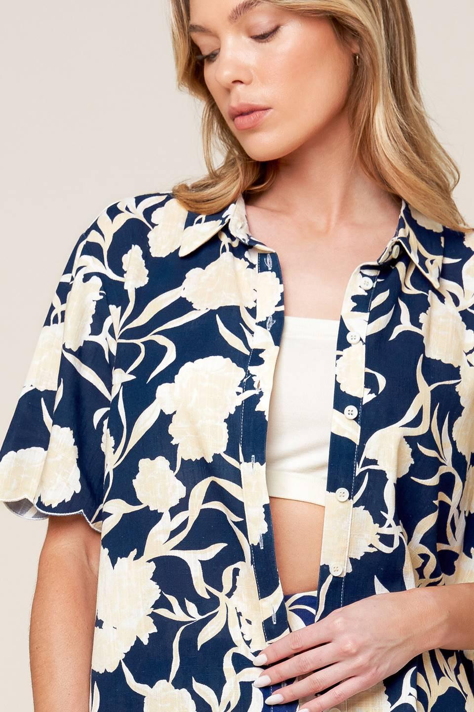 Slow Mornings Navy Woven Top and Shorts Set in white, view 2 — Soul Flow Apparel