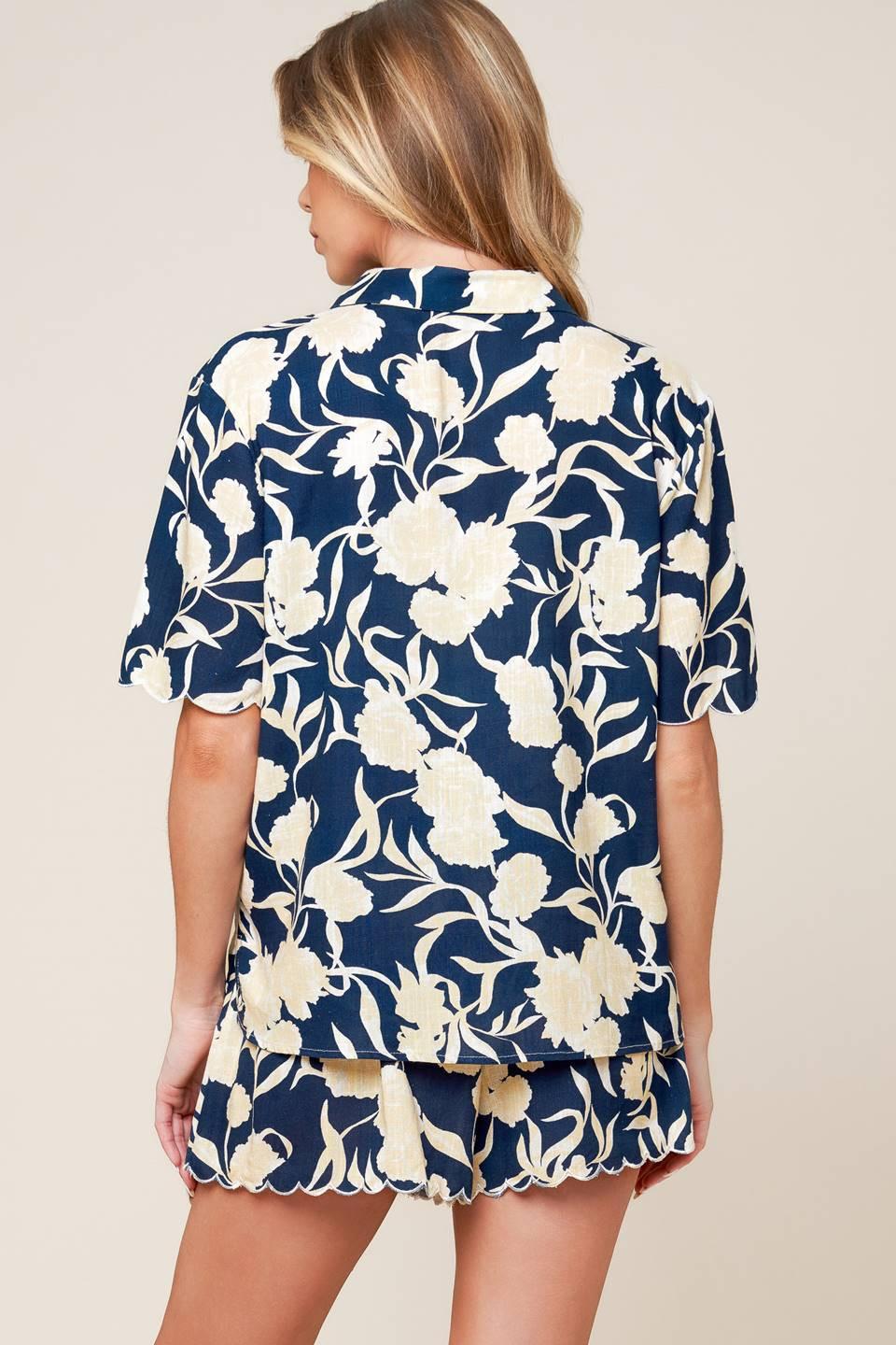 Slow Mornings Navy Woven Top and Shorts Set in white, view 7 — Soul Flow Apparel