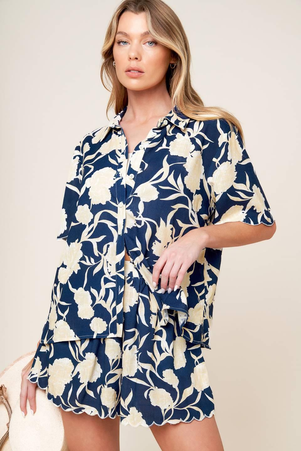 Slow Mornings Navy Woven Top and Shorts Set in white, view 8 — Soul Flow Apparel