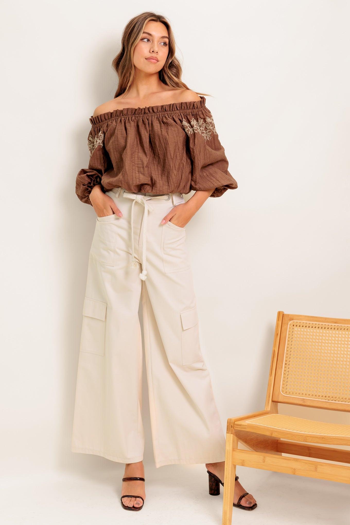 Full Speed Ahead Brown Woven Top, view 2 — Soul Flow Apparel