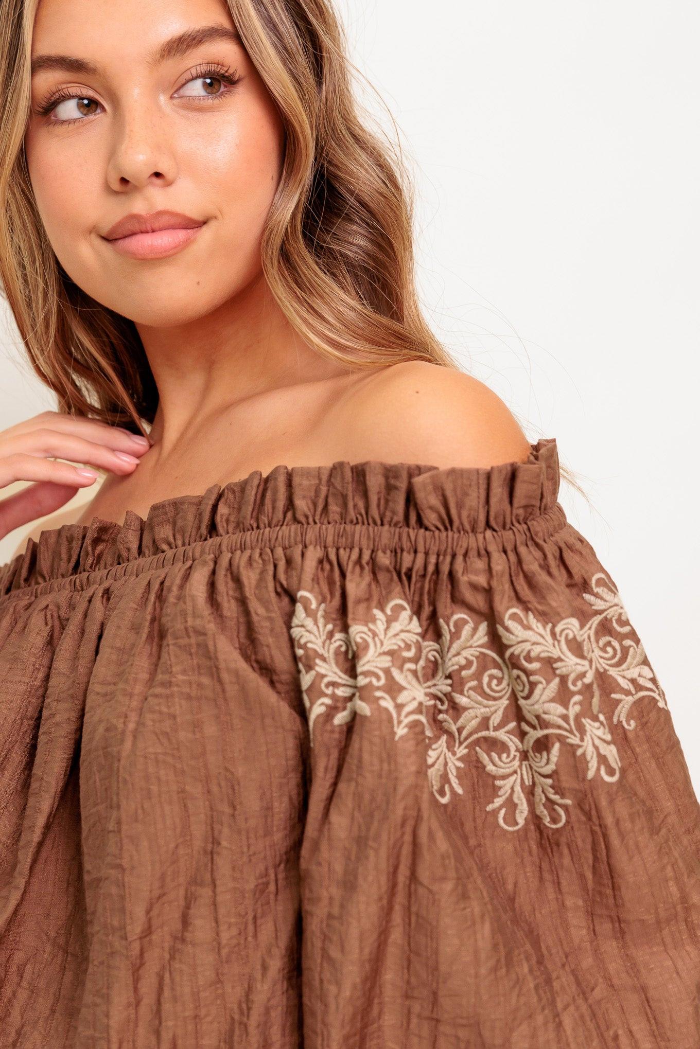 Full Speed Ahead Brown Woven Top, view 3 — Soul Flow Apparel