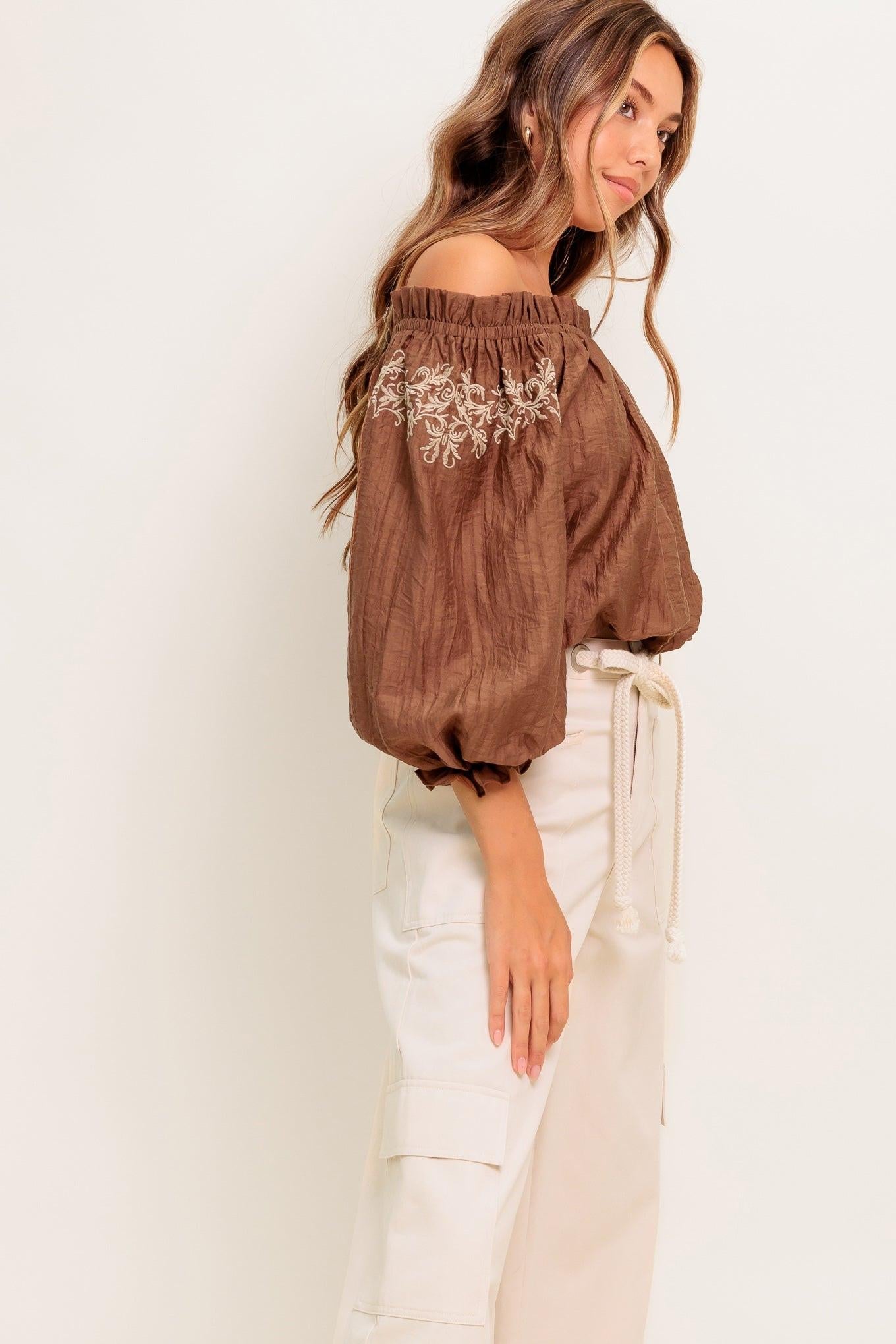 Full Speed Ahead Brown Woven Top, view 5 — Soul Flow Apparel