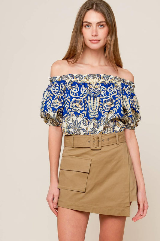 A Day At the Market Woven Top in blue ivory, view 6 — Soul Flow Apparel