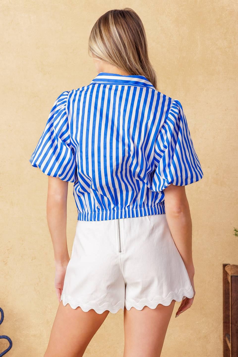 City Cinderella Woven Top in blue white, view 6 — Soul Flow Apparel