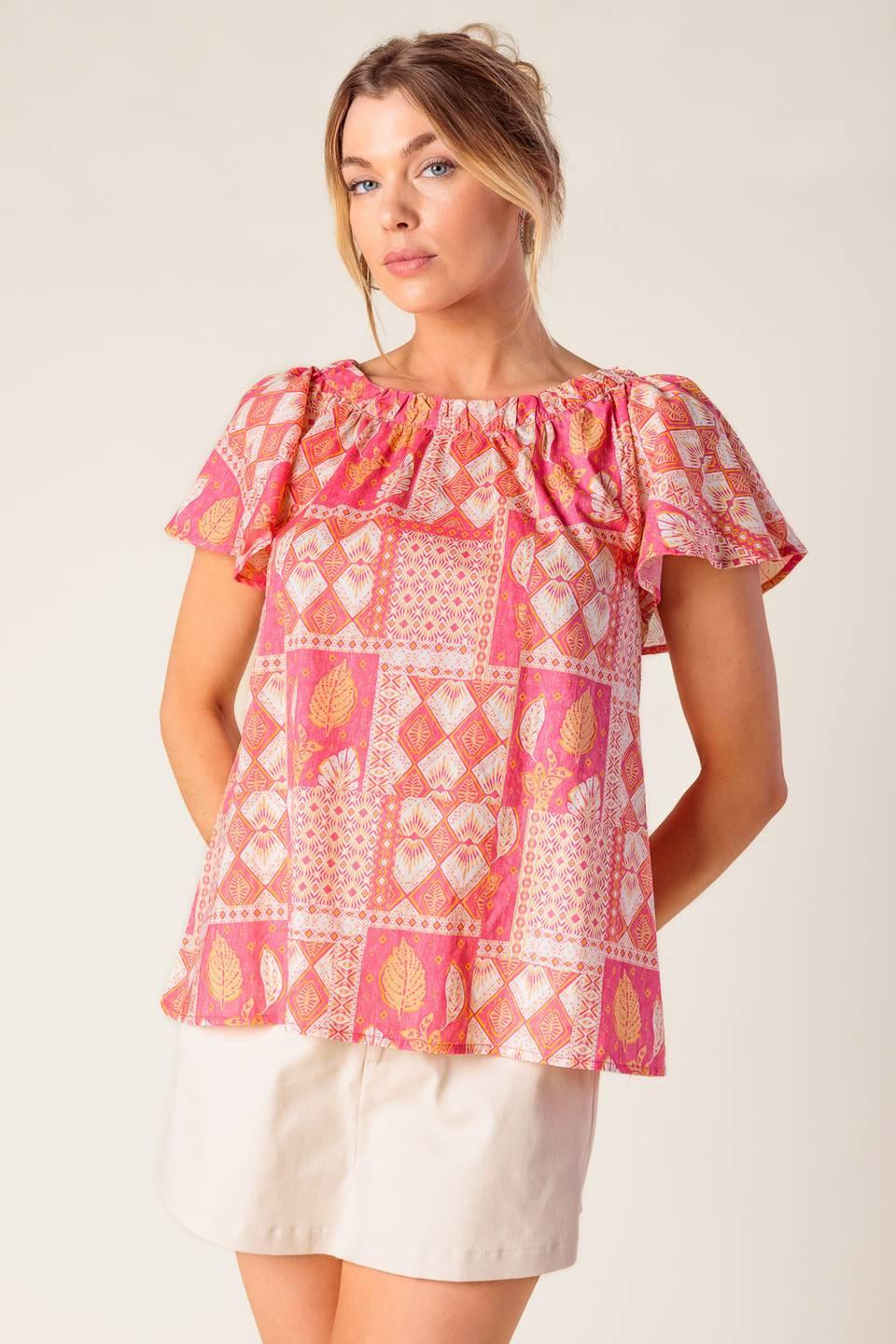 Where to Next Woven Top in pink orange, view 1 — Soul Flow Apparel