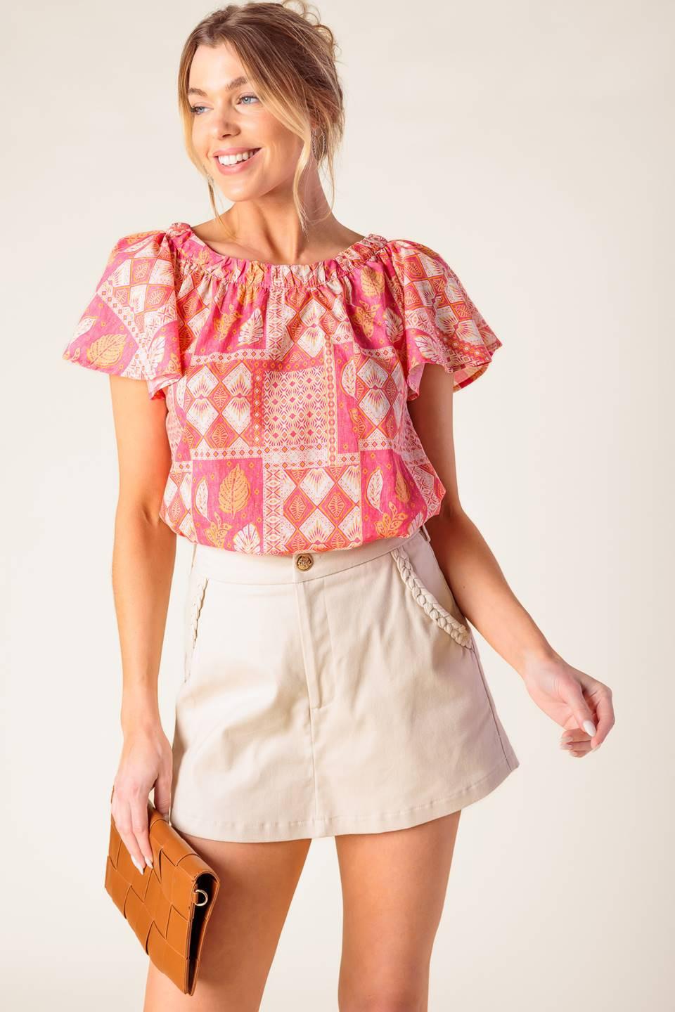 Where to Next Woven Top in pink orange, view 5 — Soul Flow Apparel