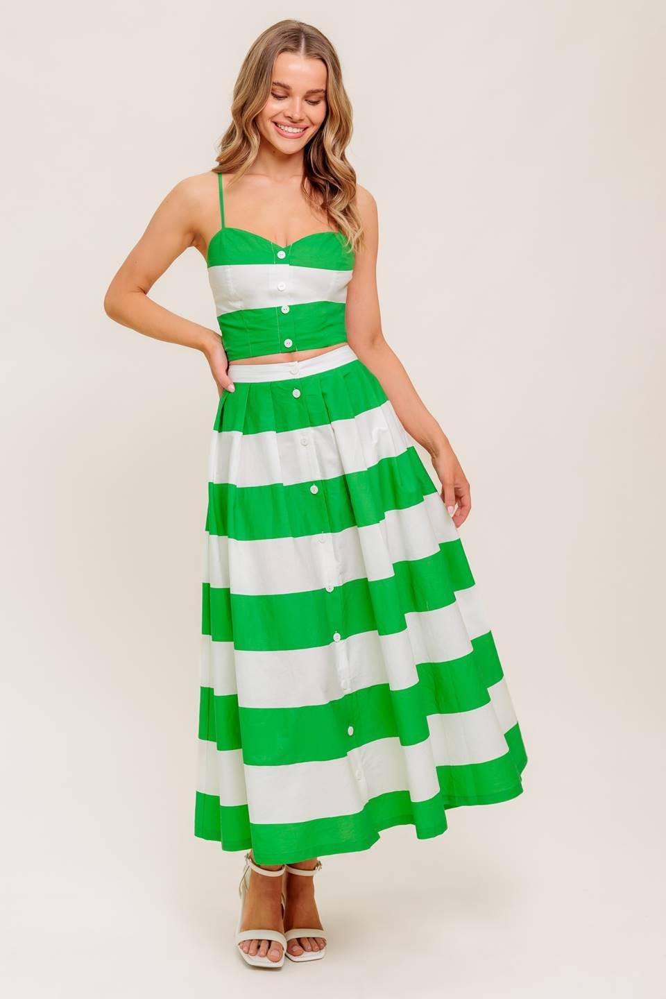 Infinite Flare Green Woven Top and Skirt Set in white, view 2 — Soul Flow Apparel