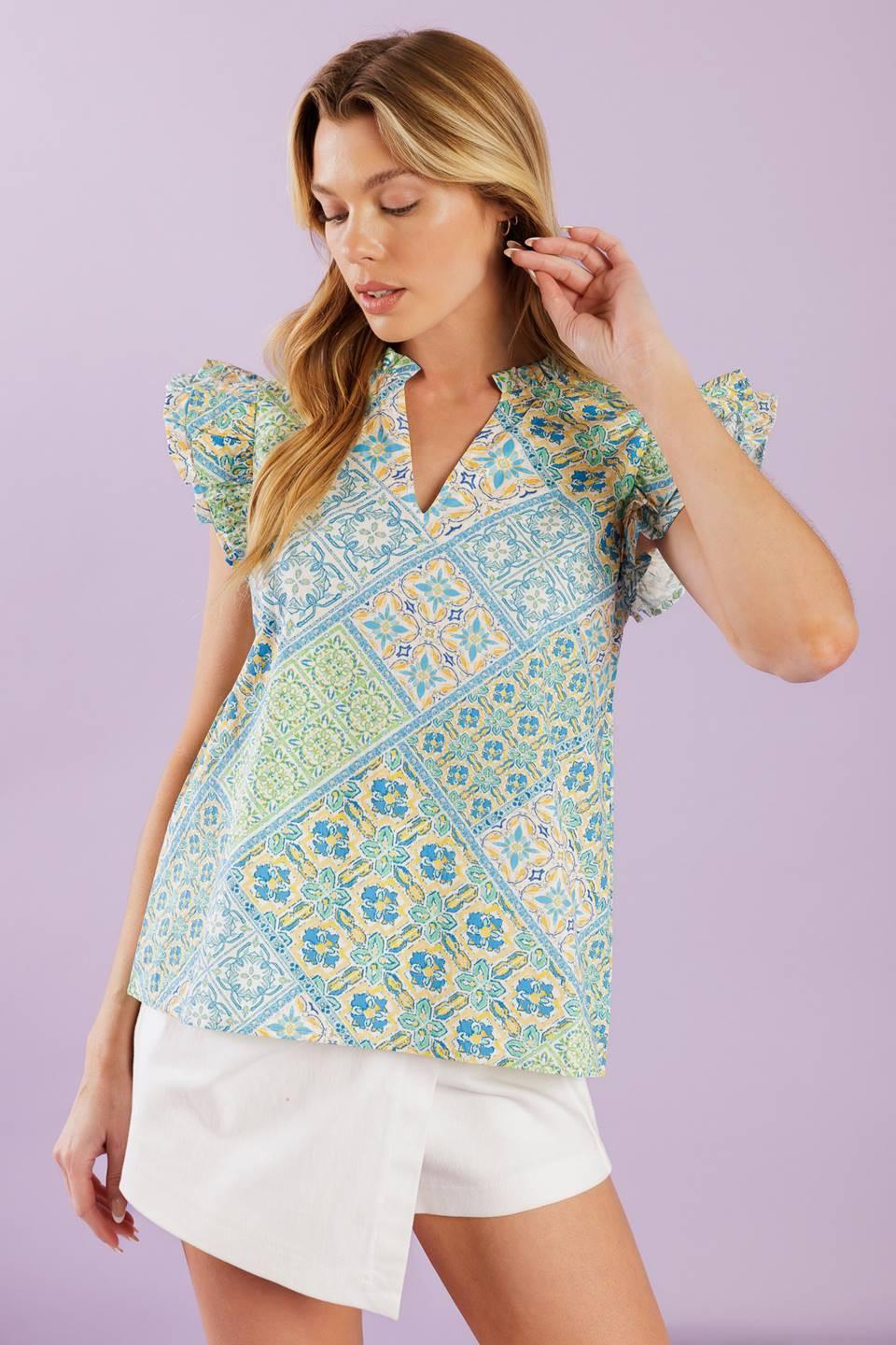 Know Me So Well Woven Top in ivory blue, view 1 — Soul Flow Apparel