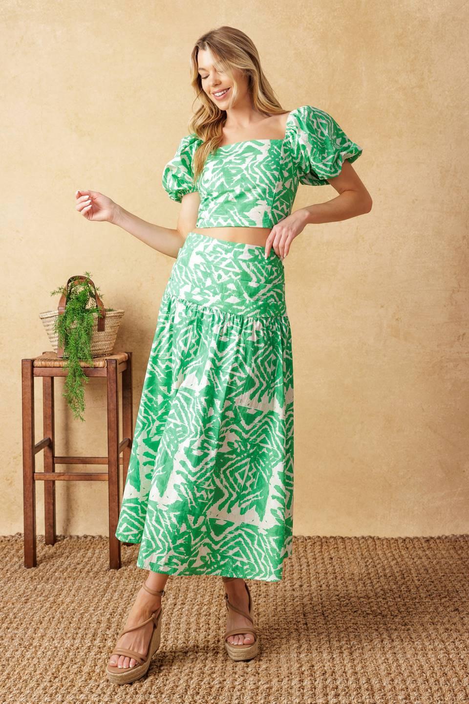 Destined for More Woven Top and Skirt Set in green ivory, view 1 — Soul Flow Apparel