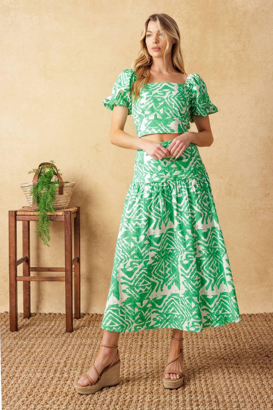 Destined for More Woven Top and Skirt Set in green ivory, view 2 — Soul Flow Apparel