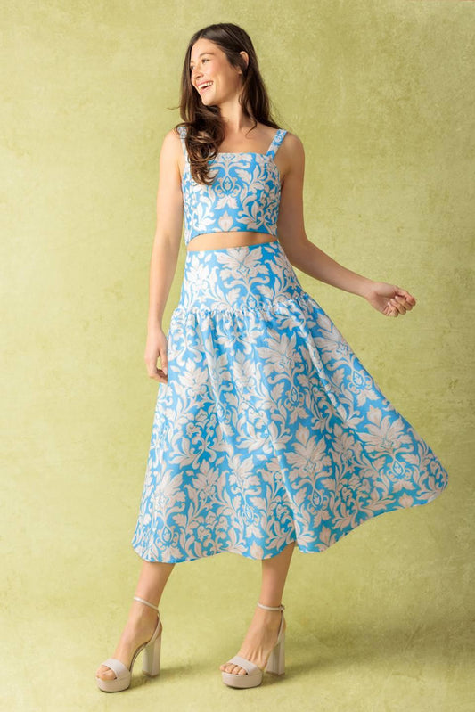 Little Moments Woven Top and Skirt Set in blue ivory, view 5 — Soul Flow Apparel