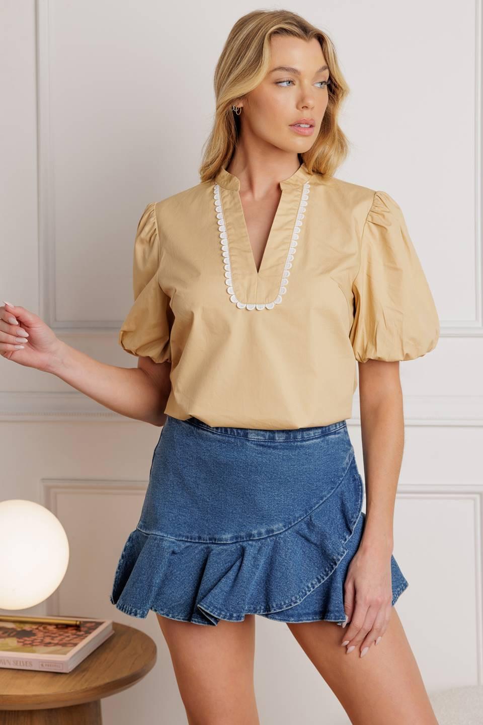 High Standards Woven Top in taupe, view 7 — Soul Flow Apparel