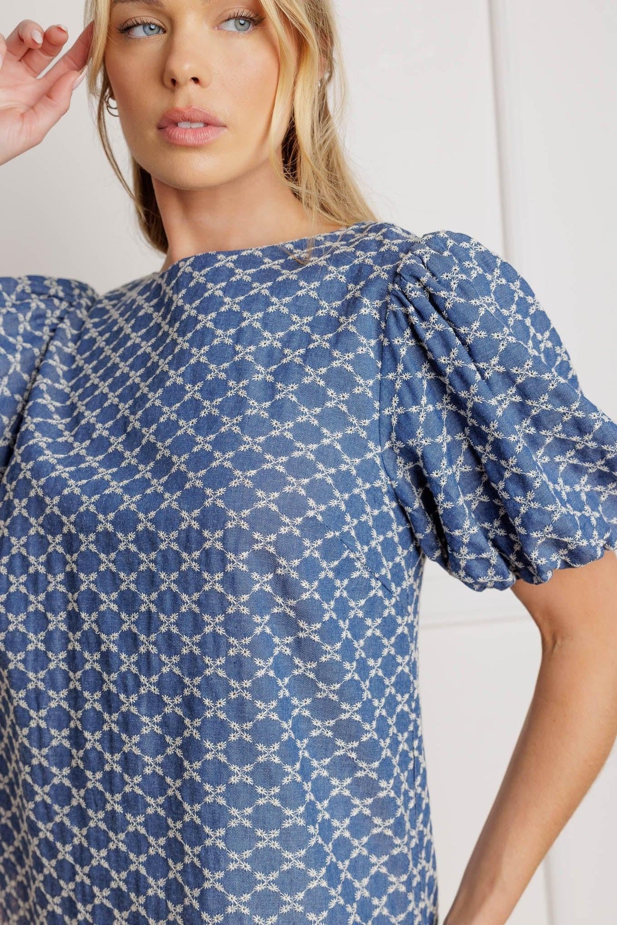 Ripples of Time Woven Top in medium indigo, view 2 — Soul Flow Apparel