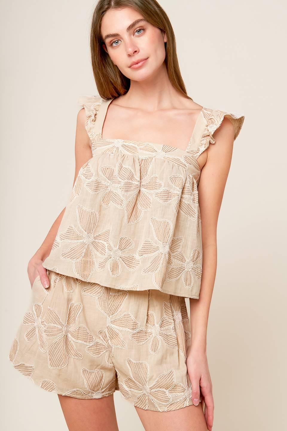 Darcy Dream Woven Top and Shorts Set in taupe, view 4 — Soul Flow Apparel