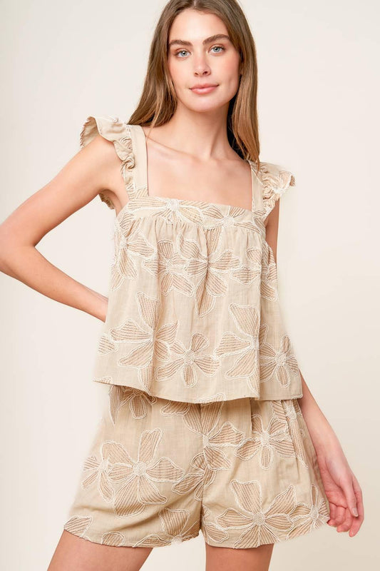 Darcy Dream Woven Top and Shorts Set in taupe, view 5 — Soul Flow Apparel