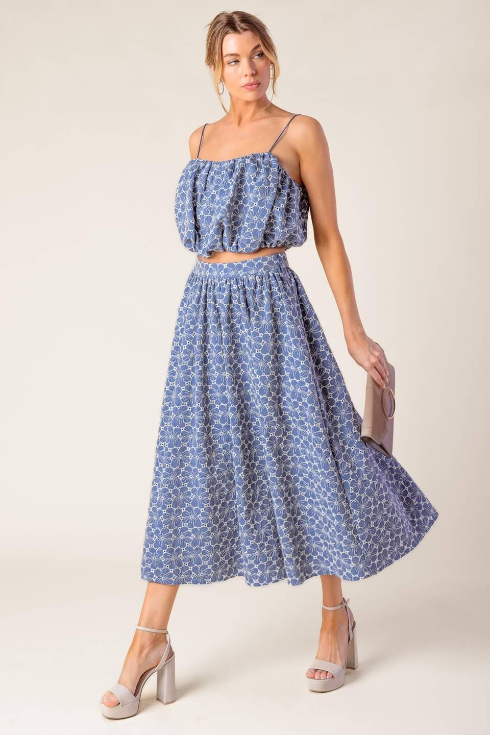 The Beauty of Now Woven Eyelet Top and Skirt Set in chambray, view 1 — Soul Flow Apparel