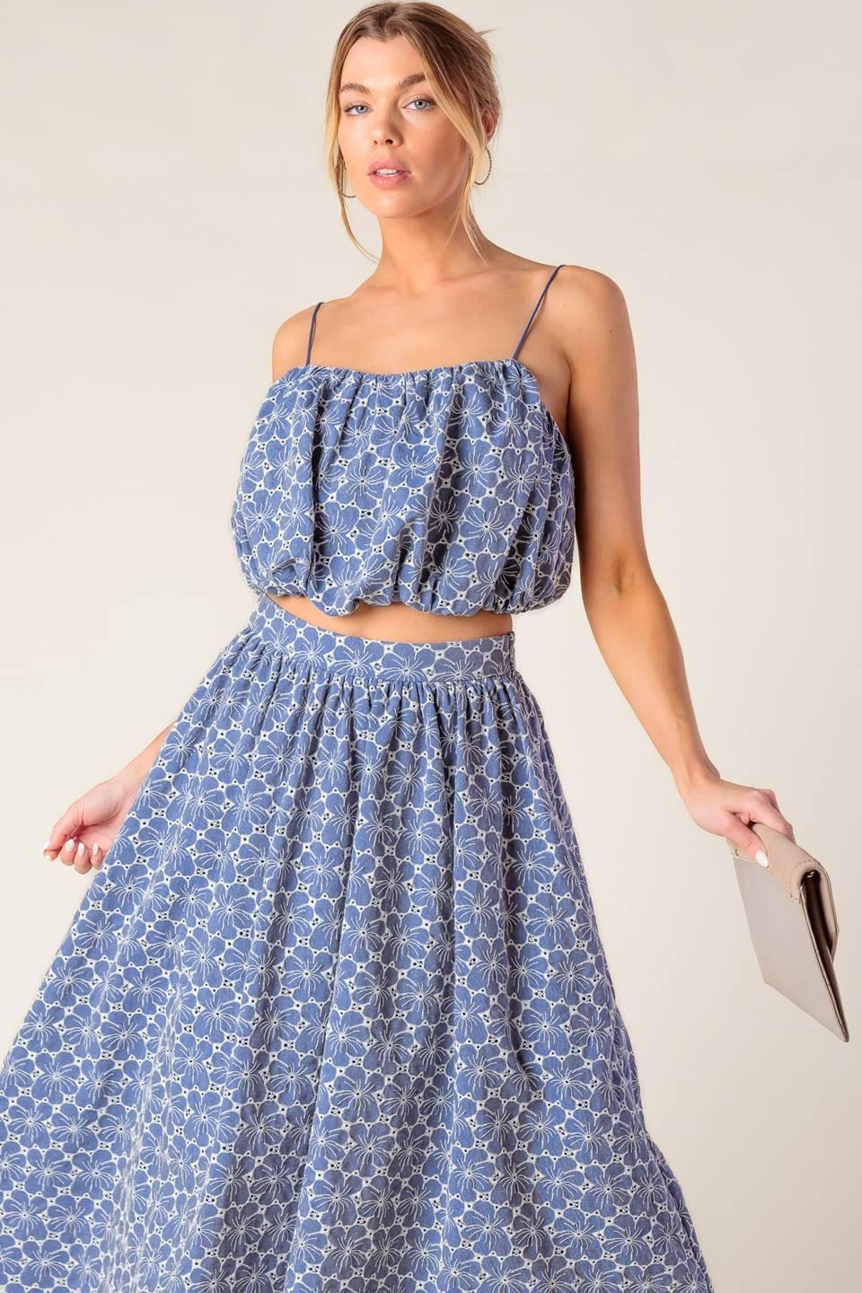 The Beauty of Now Woven Eyelet Top and Skirt Set in chambray, view 2 — Soul Flow Apparel