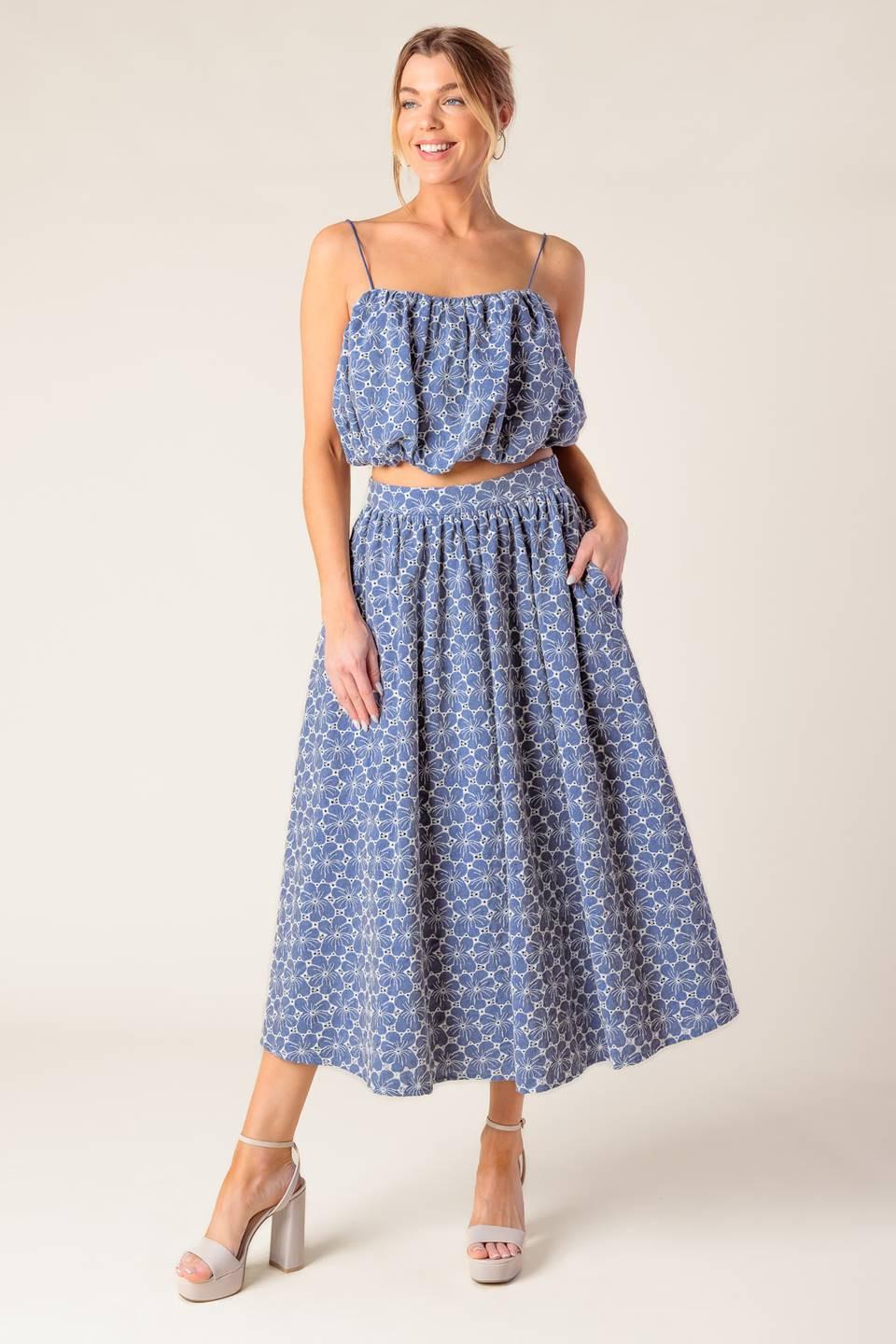 The Beauty of Now Woven Eyelet Top and Skirt Set in chambray, view 3 — Soul Flow Apparel