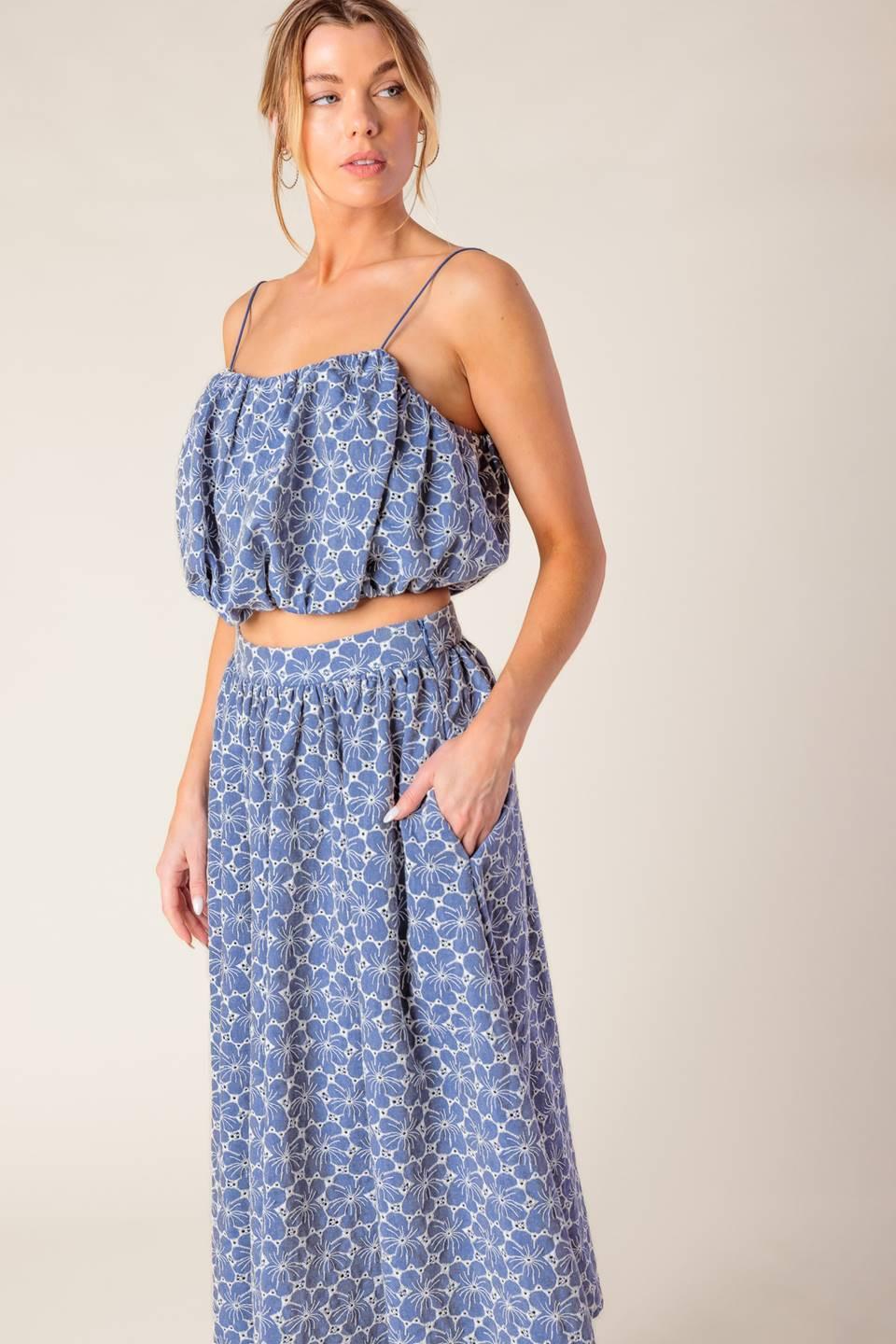 The Beauty of Now Woven Eyelet Top and Skirt Set in chambray, view 4 — Soul Flow Apparel