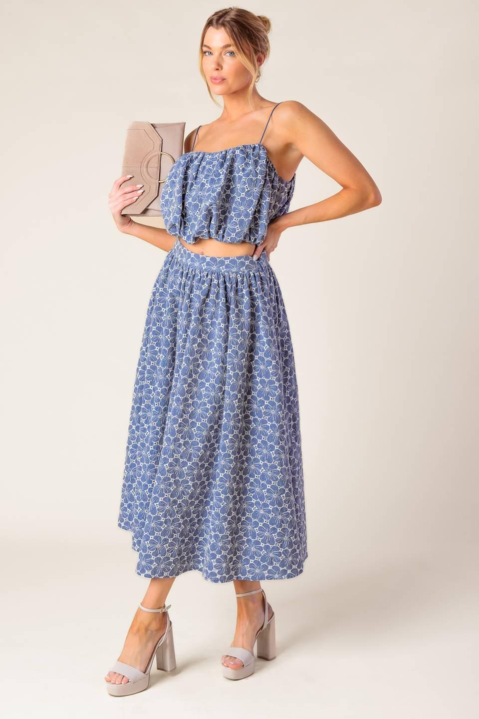 The Beauty of Now Woven Eyelet Top and Skirt Set in chambray, view 5 — Soul Flow Apparel