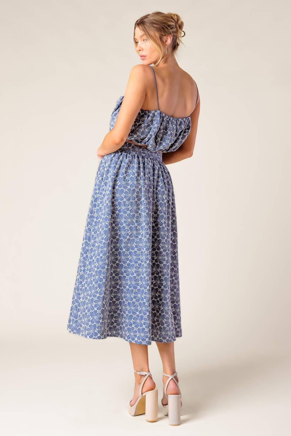 The Beauty of Now Woven Eyelet Top and Skirt Set in chambray, view 6 — Soul Flow Apparel
