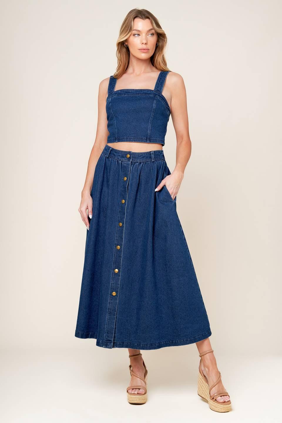 Simply the Vibe Denim Top and Skirt Set in medium indigo, view 1 — Soul Flow Apparel